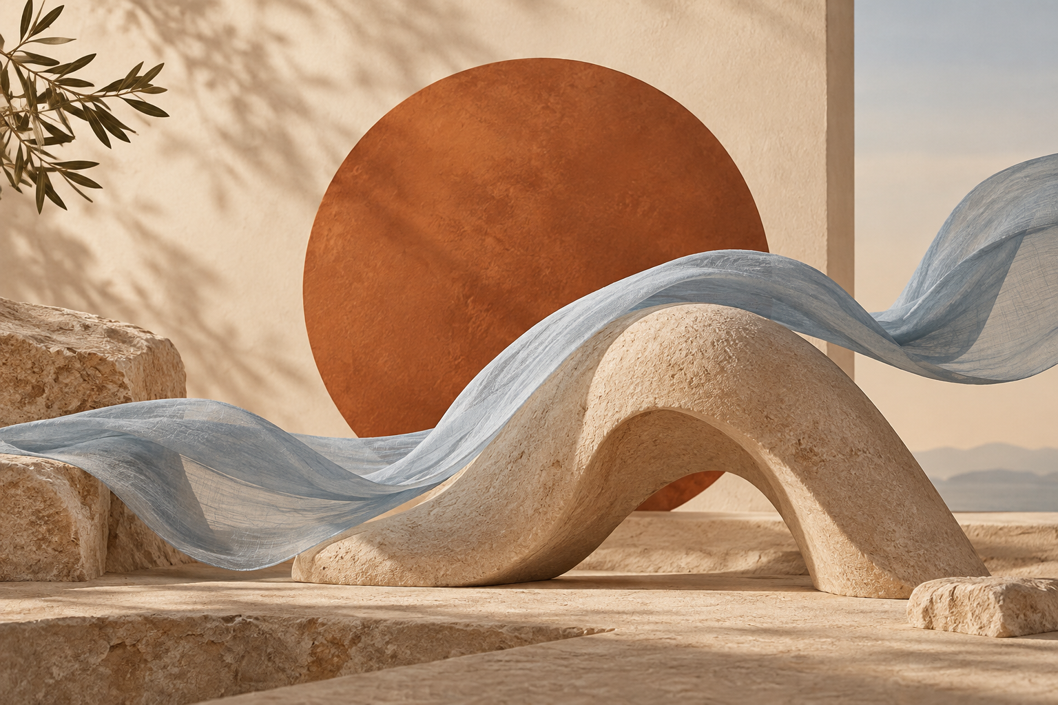 terracotta sun, curved sand-coloured stone and soft blue flowing ribbon, minimalist editorial still life, no products